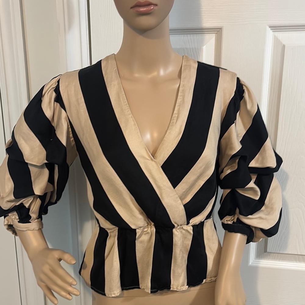 Bardot Black and Tan Wrap Peplum Blouse